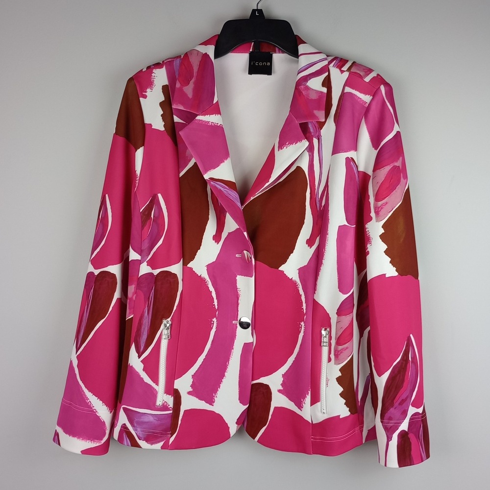 i'cona Womens 16 Pink Abstract Floral Print Stretch Zipper Pocket Blazer Jacket